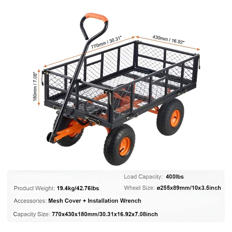 Orange Steel Dump Cart 400lbs Yard Wagon 10" Wheels Flatbed Mesh Cover - 69.68x19.48x19.68inch