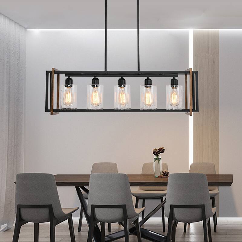 5-Light Rectangle Farmhouse Pendant Light Open Metal Frame with Glass Shade