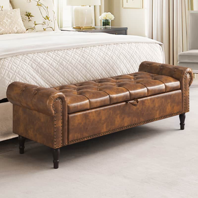 Modern Velvet Upholstered Storage Bench with Silver Nailhead Trim - 63" W X 20" D X 21" H - Yellow Brown/63"