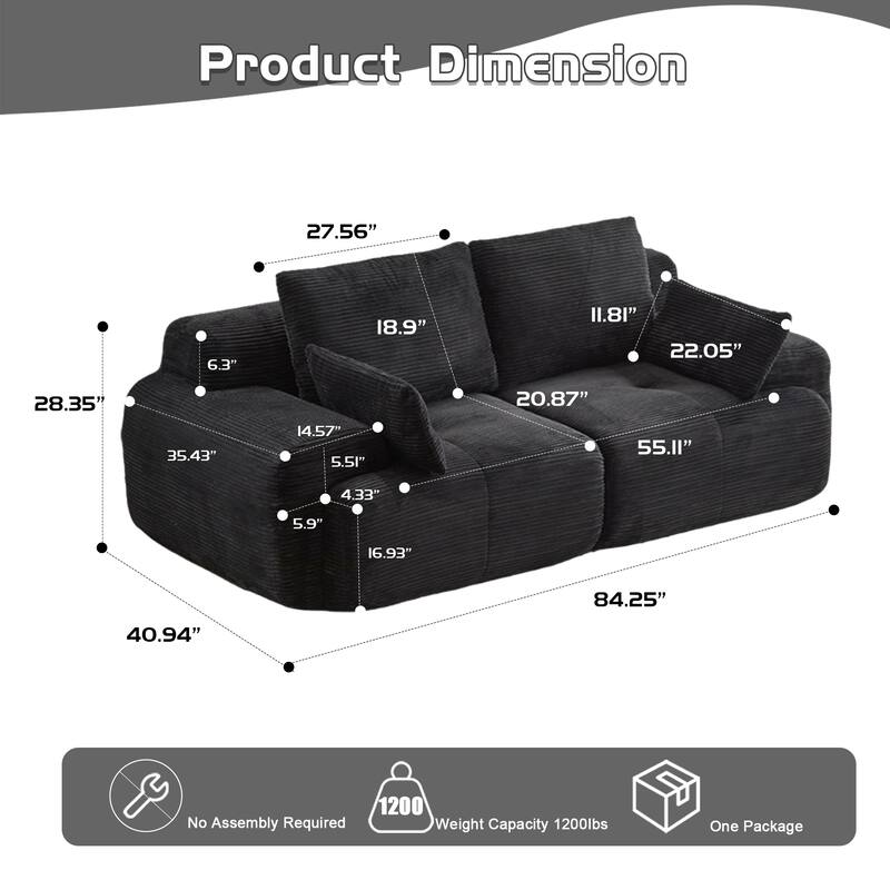 Modular Sectional 2-Seater Cloud Couch, Corduroy Upholstered Boneless Sofa, Compressed Sofa with Cushion & Throw Pillows