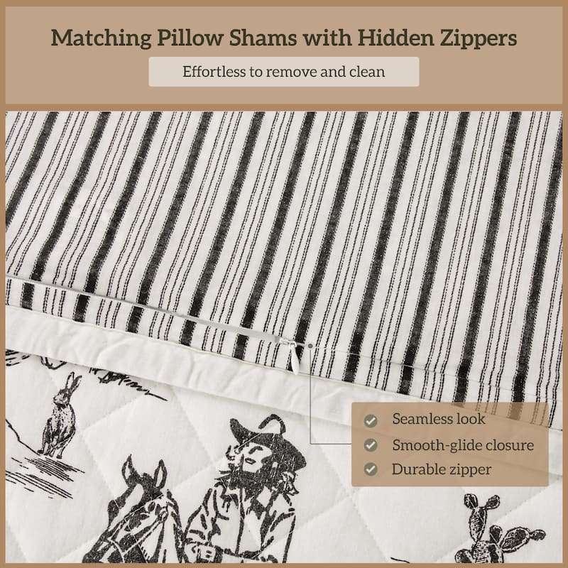 Paseo Road Ranch Life Western Cowboy White/Black 100% Cotton Rustic Toile Western Bedding 3 Piece Reversible Quilt Set