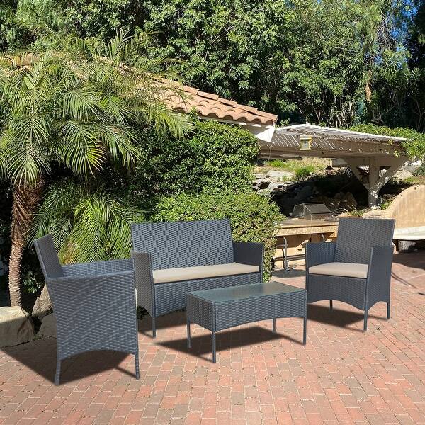 slide 1 of 5, Aoife 4PC Steel Black Resin Wicker Patio Conversation Set with 2" Tan cushion