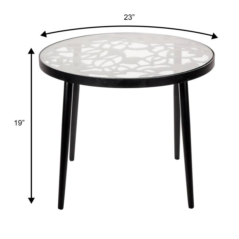 Devon Decorative Modern Floral Cutout Glass Top Patio Coffee Side Table with Aluminum Frame for Indoor Outdoor - 23 x 23