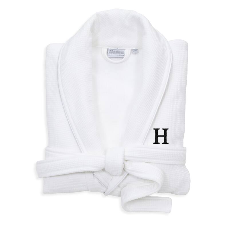 Authentic Hotel and Spa White Unisex Turkish Cotton Waffle Weave Terry Bath Robe with Black Block Monogram - S/M - H