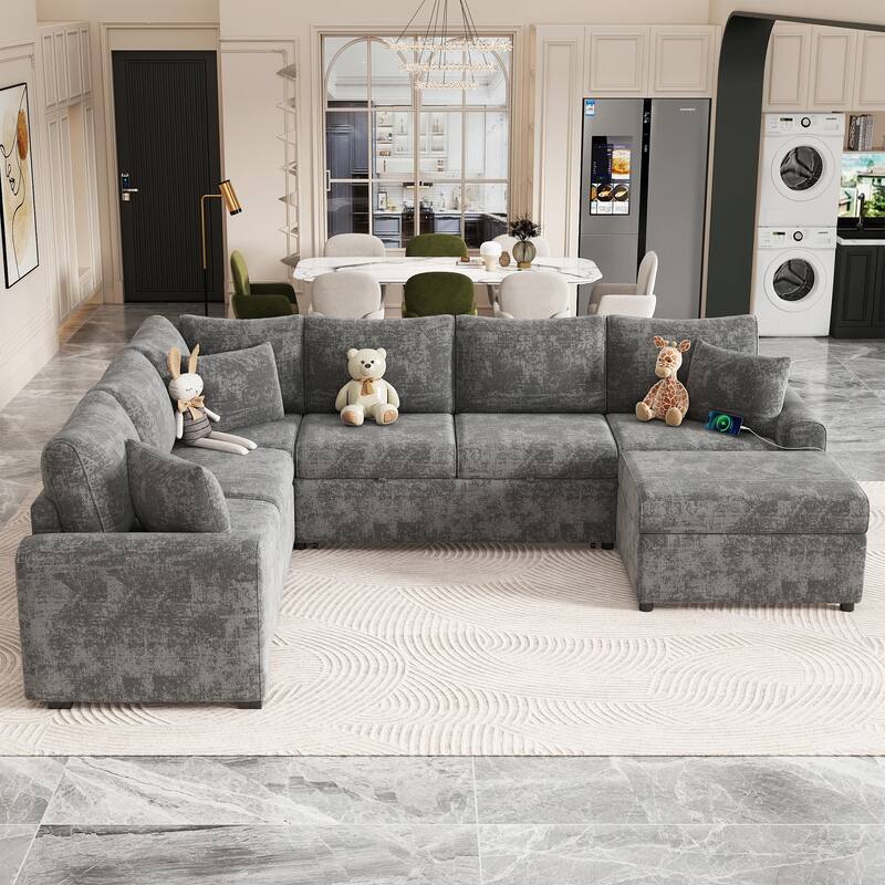 112.2" Sectional Sofa Bed with Storage Ottoman, Pillows & Charging, Grey Chenille