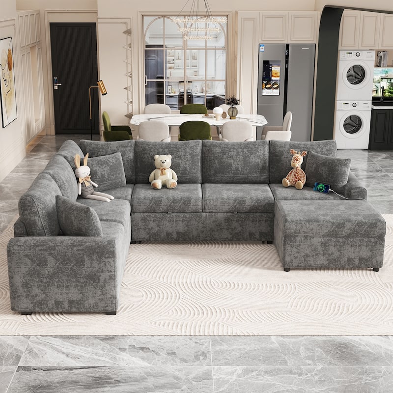 112.2" Sectional Sofa Pull-out Sofa Bed Sleeper with a Storage Ottoman,Three Pillows and Charging Devices for Living Room, Cream