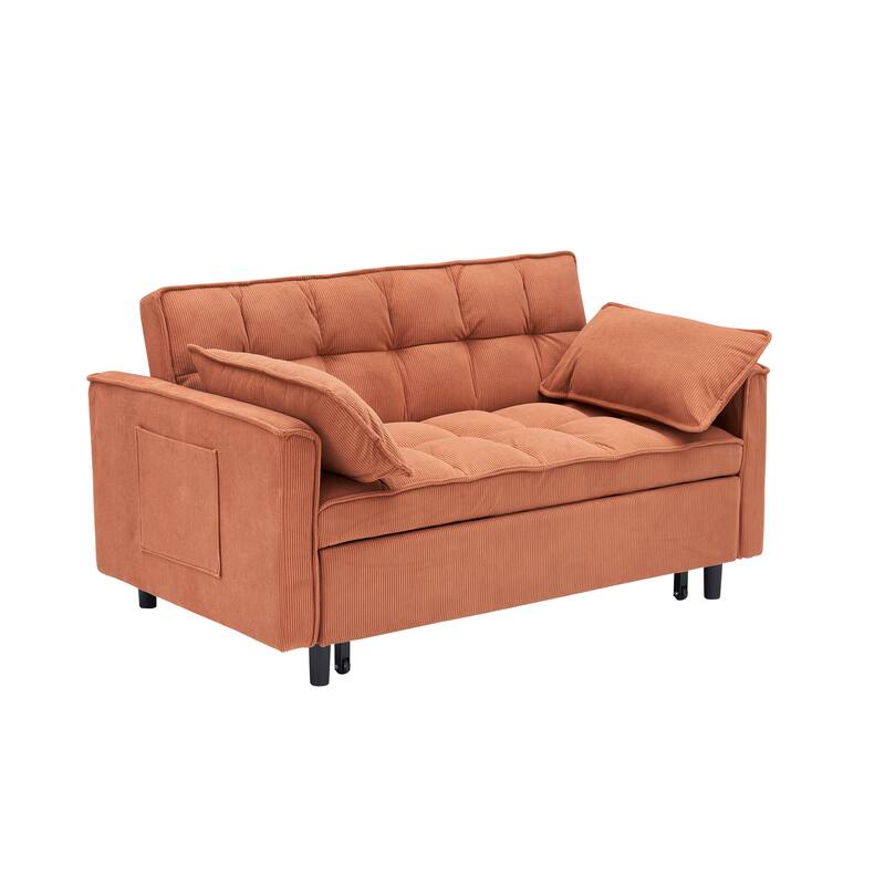 Corduroy Pull Out Loveseat Sofa Convertible Sleeper Love Seat Bed Adjustable Backrest Tufted Couch w2 Pillo & Pockets