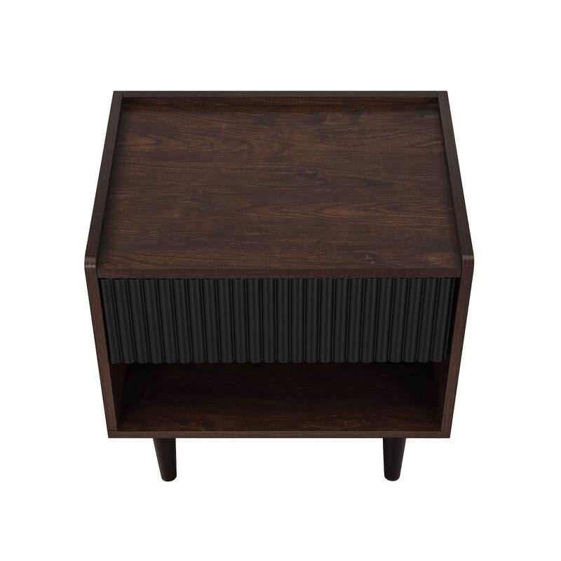 Modern Nightstand with Fluted Design Single Drawer and Open Shelf