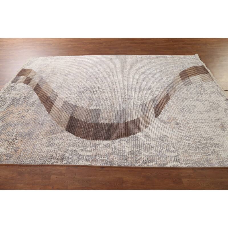 Beige Striped Modern Indian Area Rug Handmade Wool Carpet - 6'6"x 9'1"