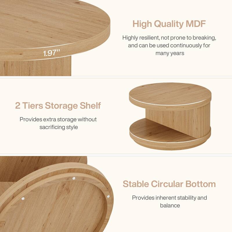 Industrial 2-Tier Round Fluted Coffee Table with Spacious Storage