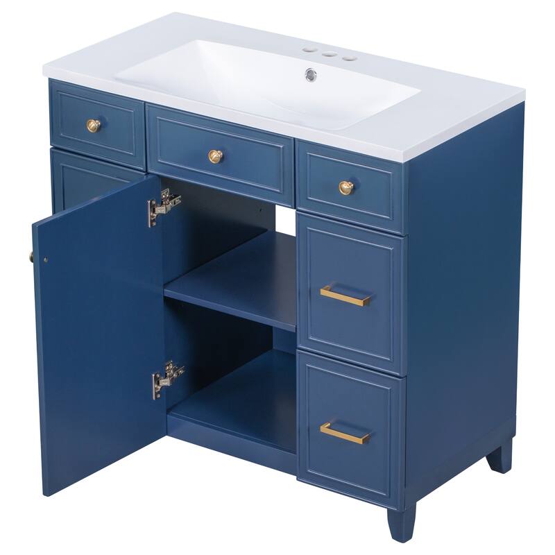 36" Black Bathroom Vanity Cabinet with Single Sink, Soft-Close Door, 3 Drawers, Waterproof Resin Sink