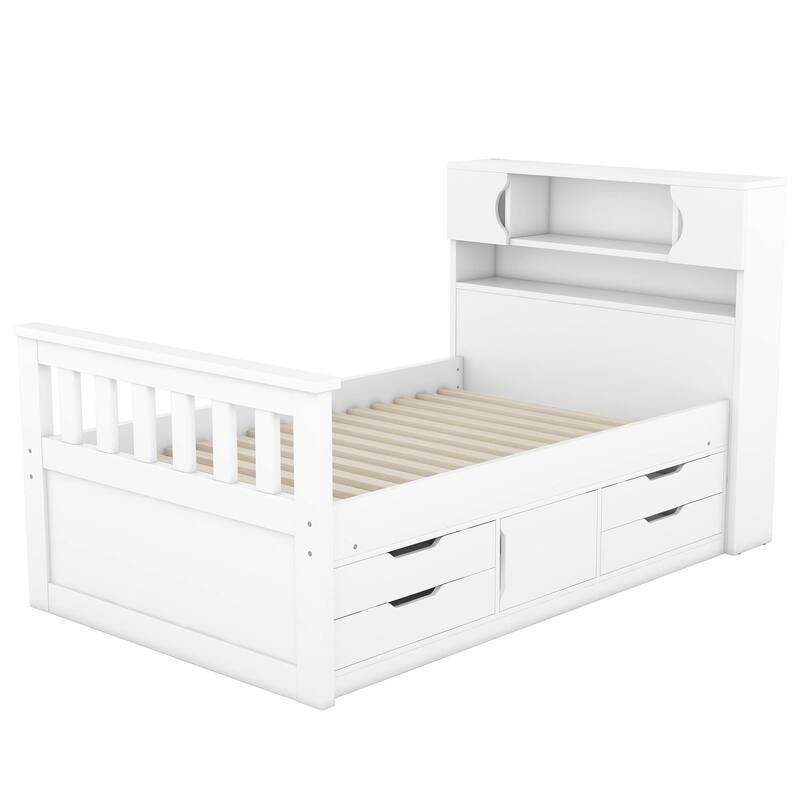 Captain Platform Bed Frame with Storage Bookcases, Shelves & Four Drawers