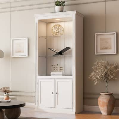 78.75-Inch Retro Display Shelves with 5-Color Adjustable LED Ceiling Light ，Tempered Glass Shelves Bookcase for Living Room