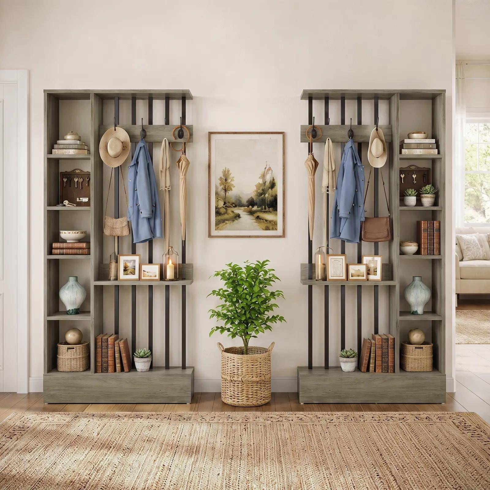 Wood Room Divider with Shelves & Coat Hooks, 71" Modern Wall Partition, Brown/Grey/White