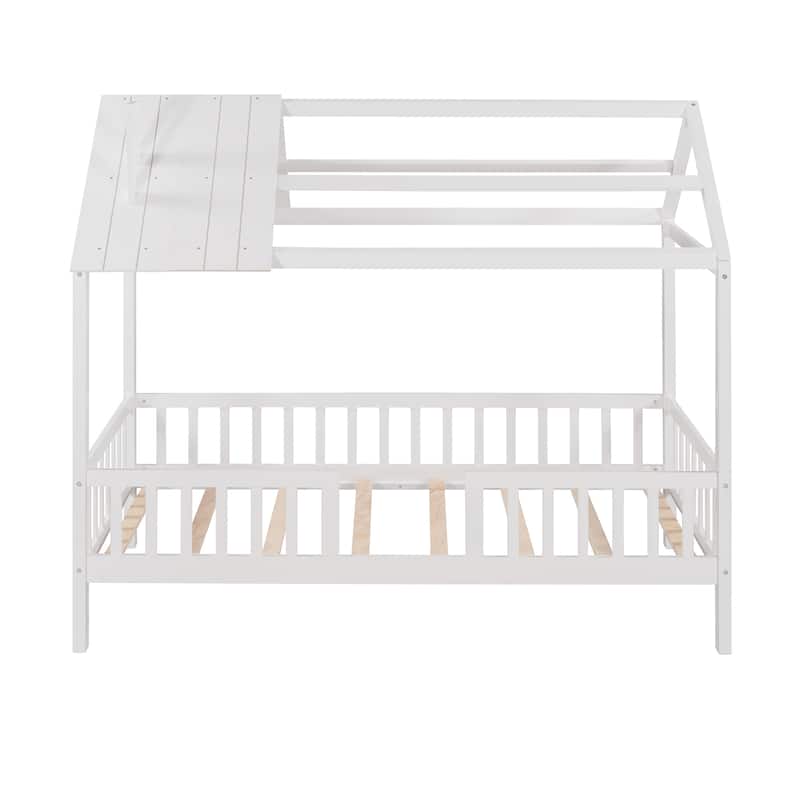 Twin Size House Bed with Fence, Semi-enclosed Play Platform Bed with Roof and Chimney Decoration, for Kids Bedroom