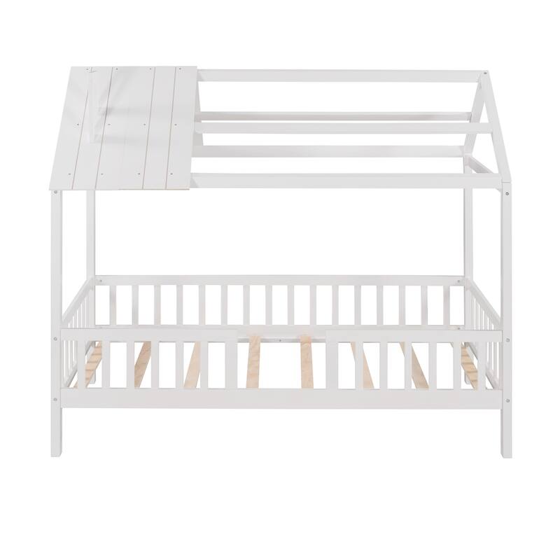 Twin Size White House Bed with Roof, Fence, and Sturdy Wood Frame
