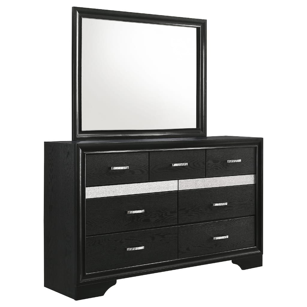 Vino Wide Dresser with Mirror, 7 Drawers, Modern Black, Chrome Accent