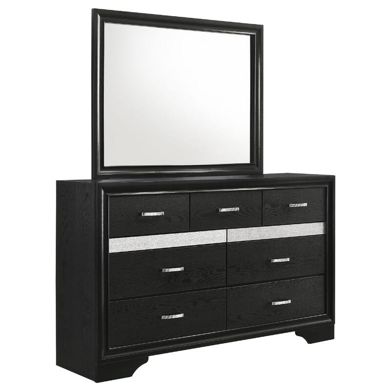 Vino Wide Dresser with Mirror, 7 Drawers, Modern Black, Chrome Accent