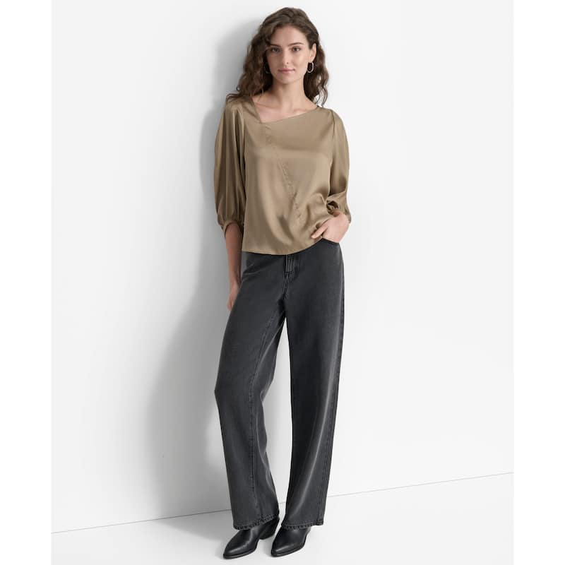 DKNY Asymmetric Neck Puff Sleeve Top - L - Taupe