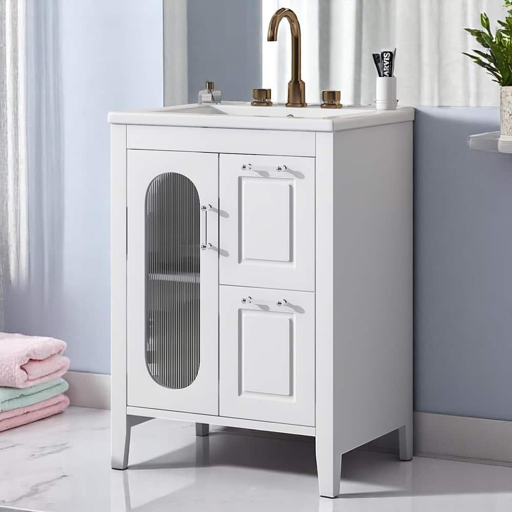 Modern 24" Bathroom Vanity with Sink, Ceramic Top, Adjustable Shelf, 2 Drawers and Door, Solid Wood