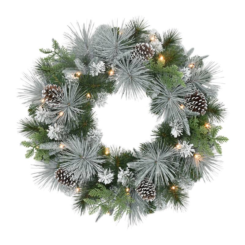 Puleo International 24" Pre-Lit Battery-Operated Artificial Flocked Wreath