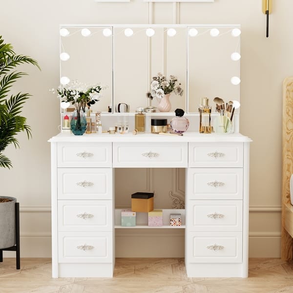 40.2"W Elegant Makeup Vanity Tri-Fold Mirror Lighting Dressing Table - Bed Bath & Beyond - 39458685 40.2"W Elegant Makeup Vanity Tri-Fold Mirror Lighting Dressing Table - Bed Bath & Beyond - 39458685