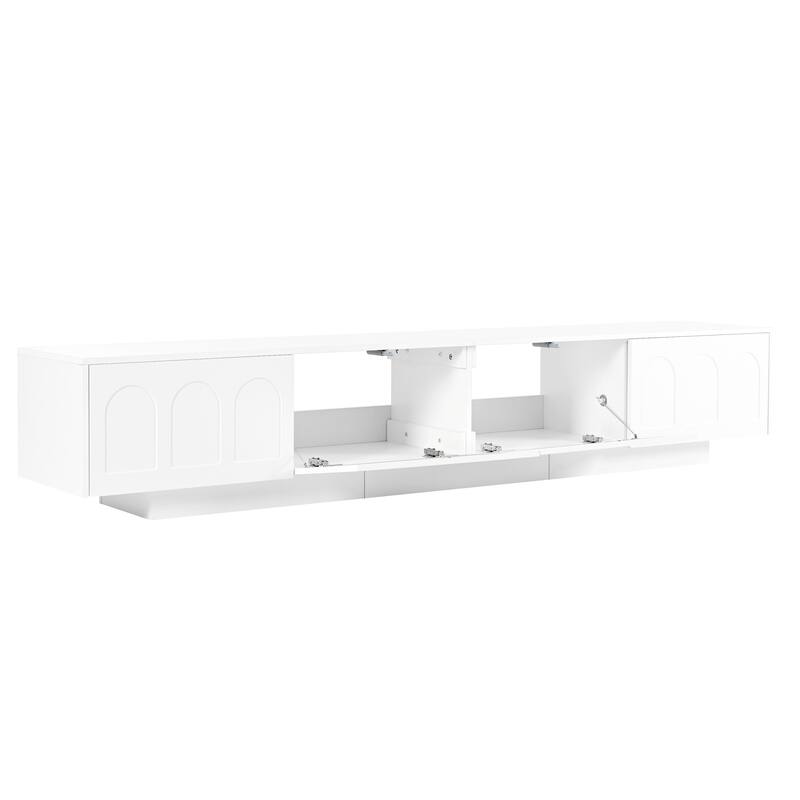 TV Stand with Fluted Glass Doors for TVs Up to 95'', Media Console with Arched Cabinet Doors, LED Light, White.