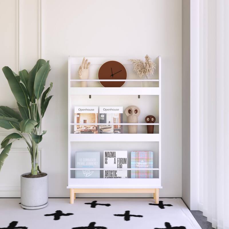 Wall-Mounted Kids' Bookshelf with 3 Front-Facing Display Shelves – Modern White & Natural Wood Design for Toddler Bedroom