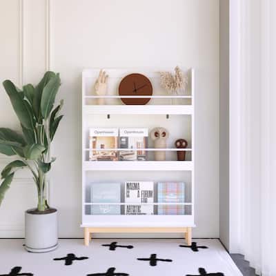 Wall-Mounted Kids Bookshelf With 4 Front-Facing Display Shelves, Modern Book Rack With Natural Wood Base