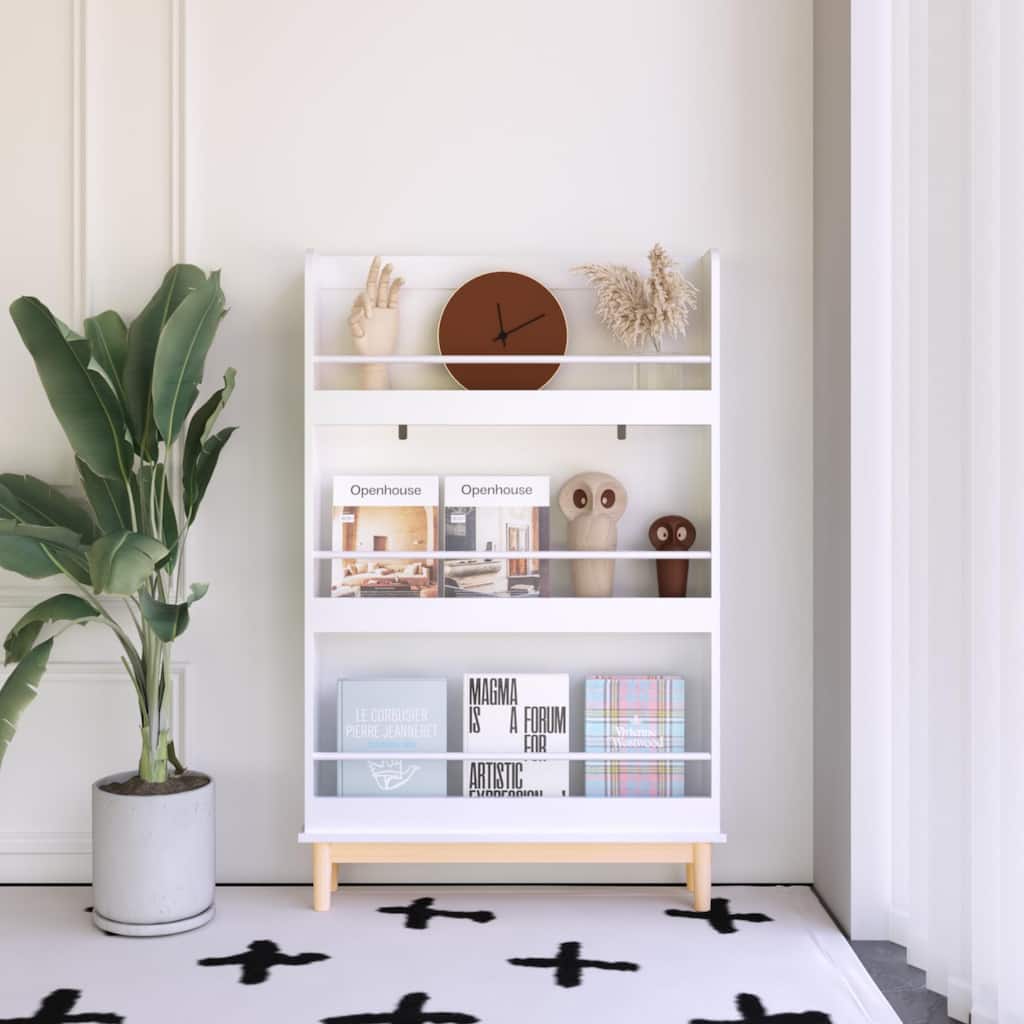 Wall-Mounted Kids Bookshelf with 4 Front-Facing Display Shelves, Modern White Book Rack with Natural Wood Base