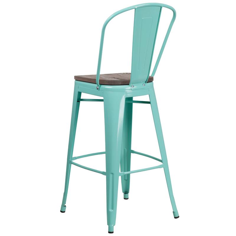 30" High Metal Barstool with Back and Wood Seat - 18"W x 19"D x 46"H - 18"W x 19"D x 46"H