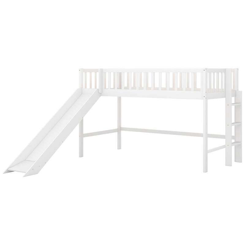 White Twin Low Loft Bed with Removable Slide and Space-Saving Ladder