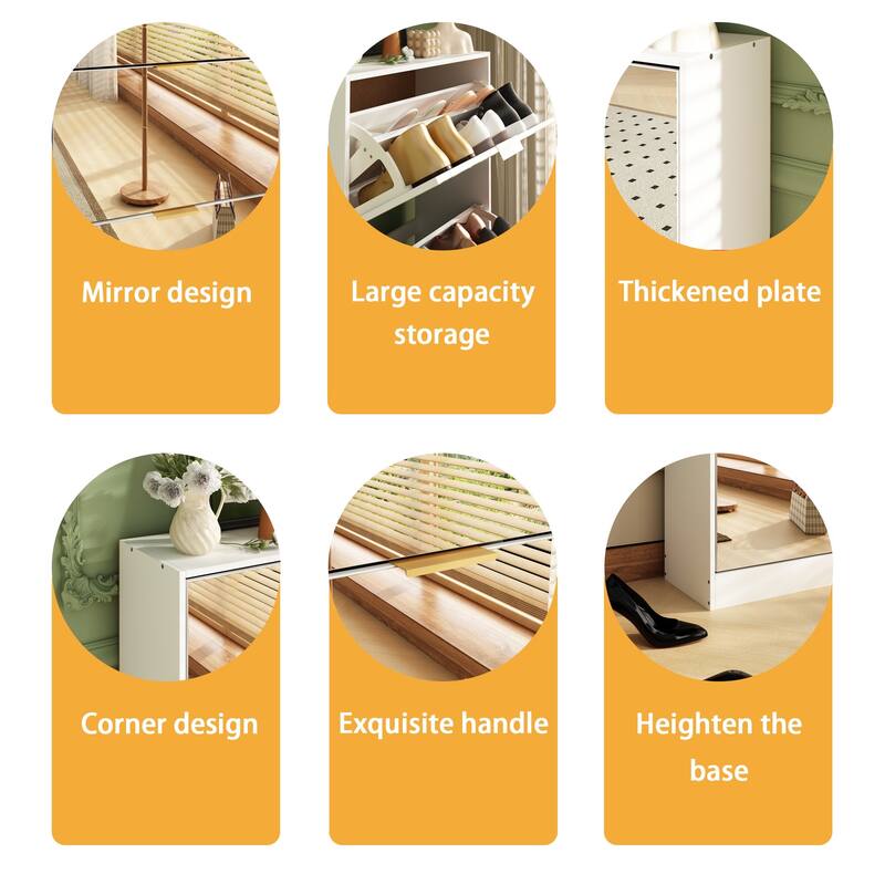 Timechee Shoe Cabinet with 3 Mirrored Flip Drawers, Free Standing Slim