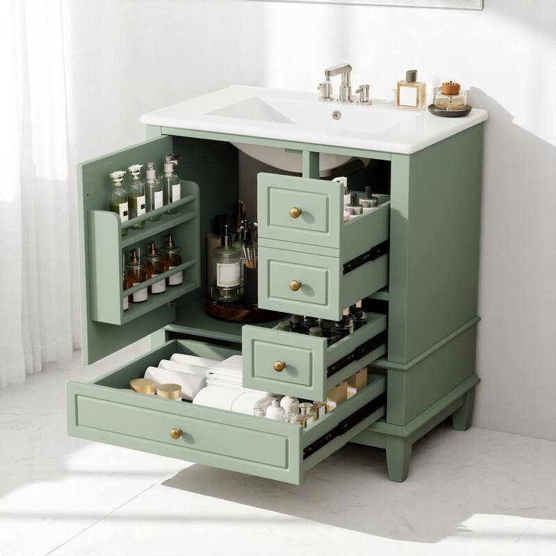 30" Freestanding Bathroom Vanity with Sink, One Door Cabinet and 3 Drawers, Solid Wood Frame & MDF Board