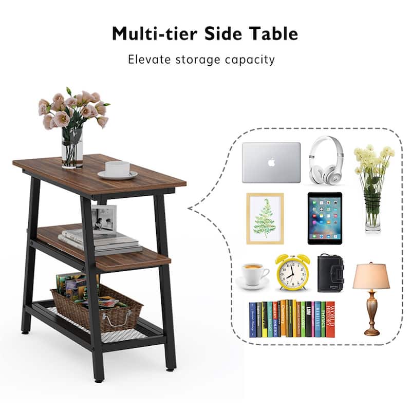 End Table, Side Table with 3-tier Storage Shelf
