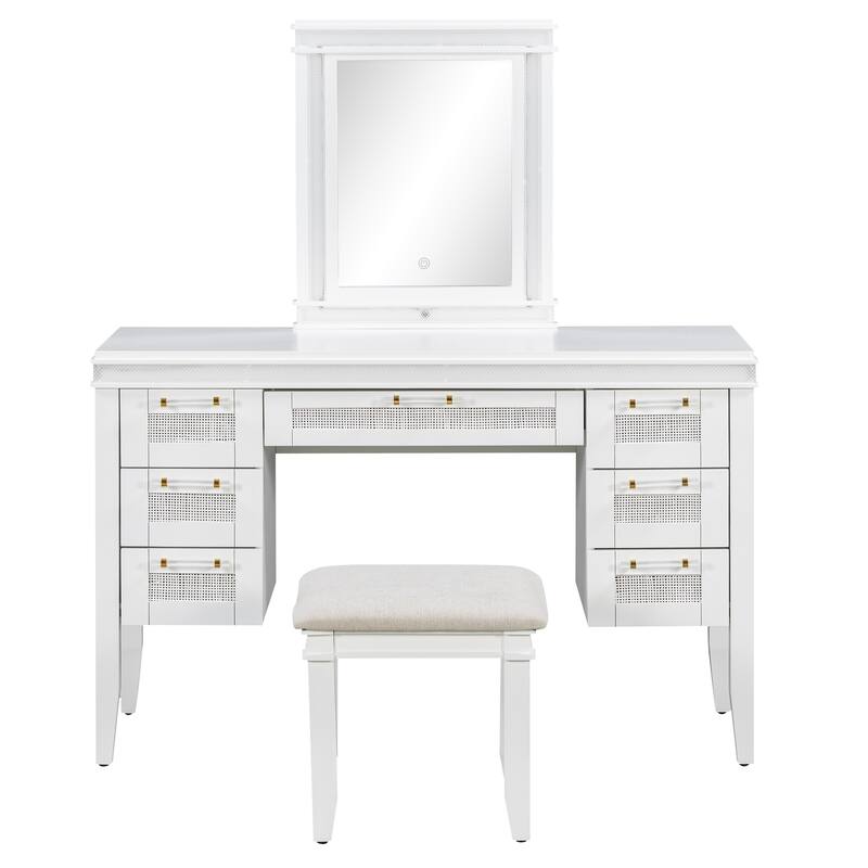 Vanity Desk with LED Lighted Mirror, Large Makeup Vanity Table, Dressing Table Set with 7 Drawers & Cushioned Stool