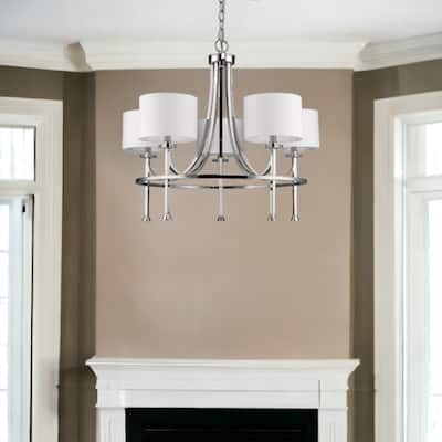 HomeRoots Silver Candle Style Five Light Metal and Crystals Dimmable Chandelier With White Shades - 28' X '24.5' X '28