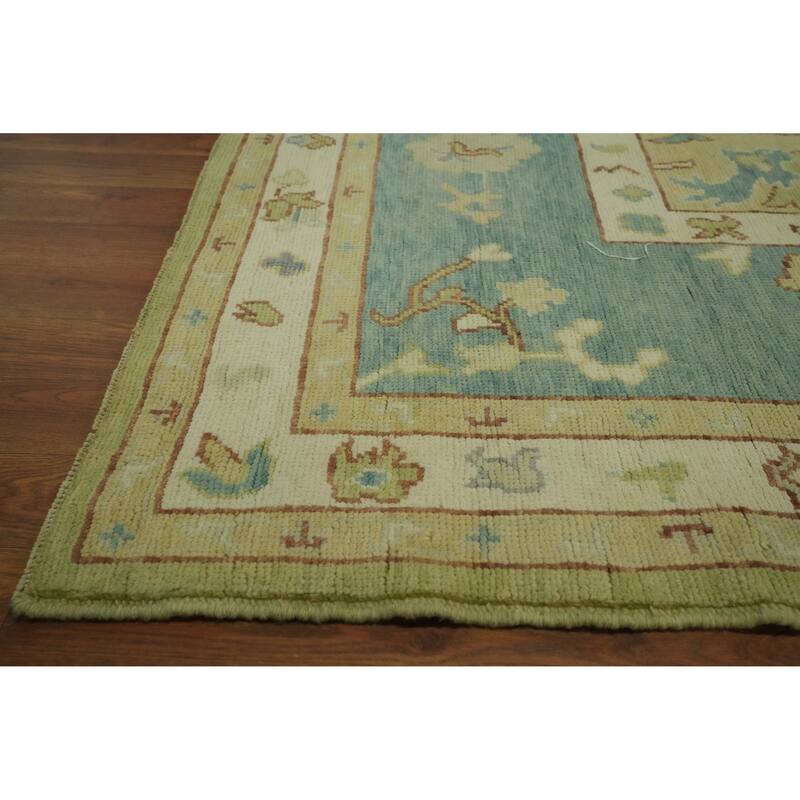 Vegetable Dye Green Oushak Turkish Large Rug, Medallion Geometric Carpet - 14' 1'' X 10' 0''