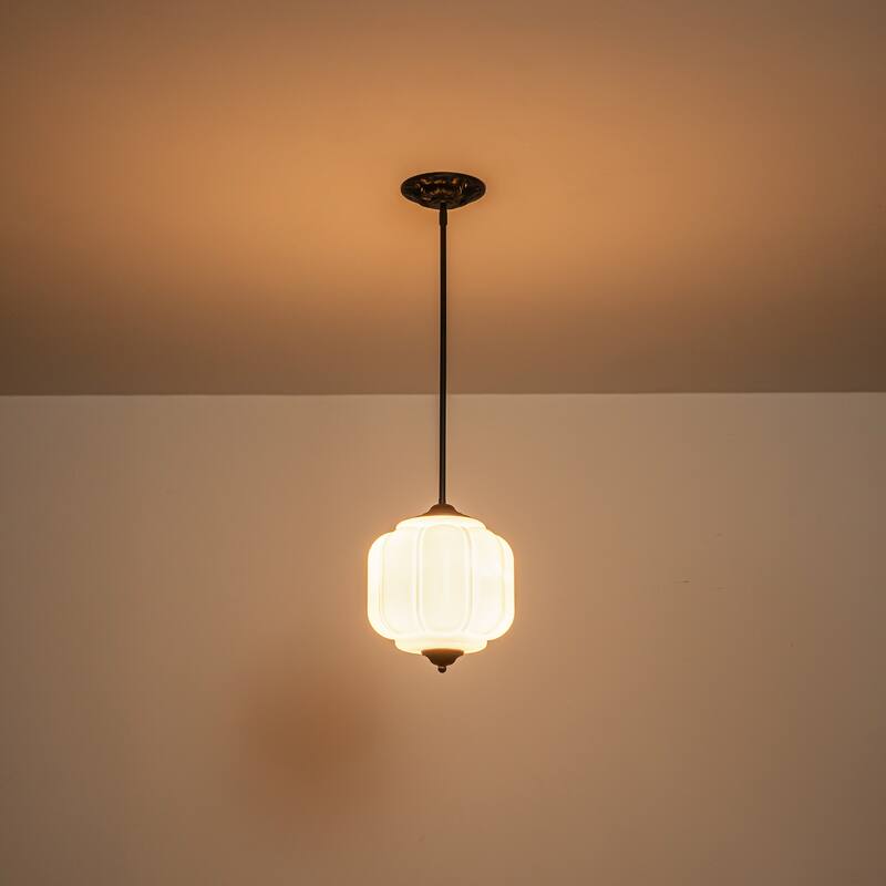 1-Light Antique Brass/Matte Black Pumpkin Shaped Flush Mount Ceiling Light/Pendant Light with Milk/Green Glass for Dining Room