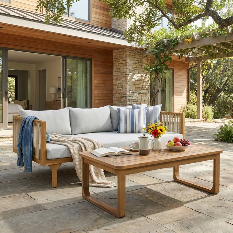 Christopher Knight Home Solenne Acacia Wood 3 Seater Daybed and Coffee Table with Cushion