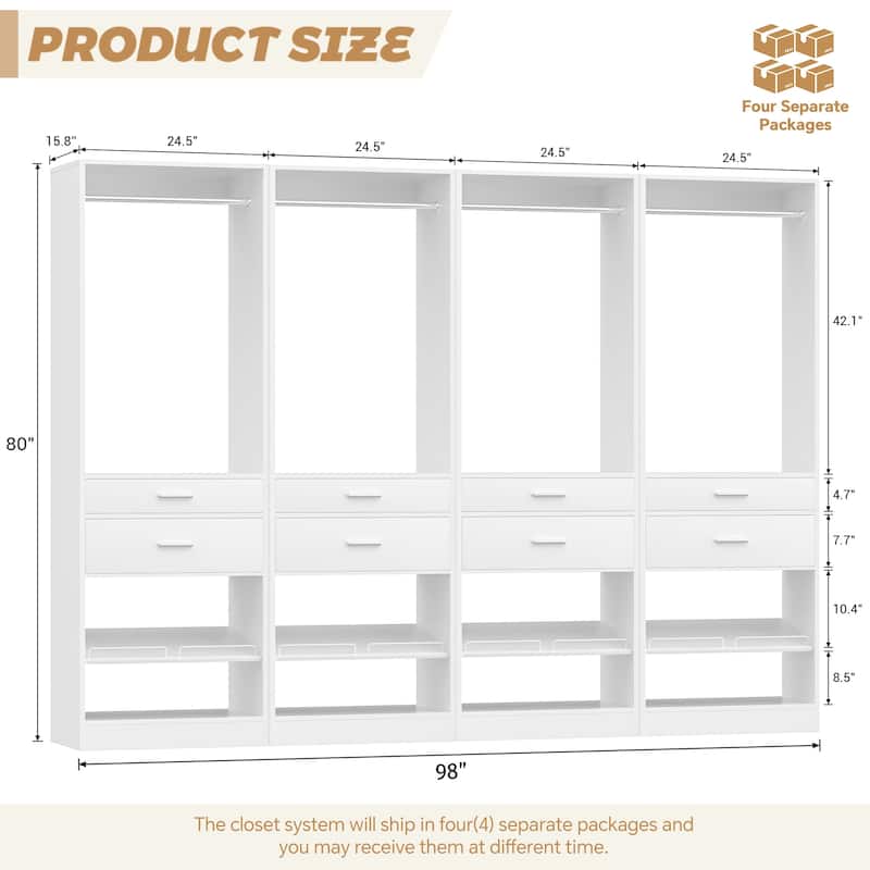 25'' W Freestanding Closet System with 2 Wooden Drawers and Adjustable Shoes Rack and Hanging Rod,Walk-in Closet Organizer
