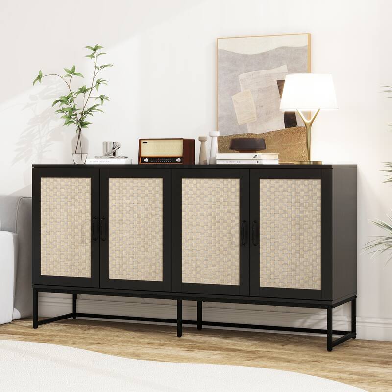 Engineered Rattan Buffet Accent Storage Cabinet 4-Door Sideboard with Adjustable Shelf, Cupboard Console Table Hallway Cabinet