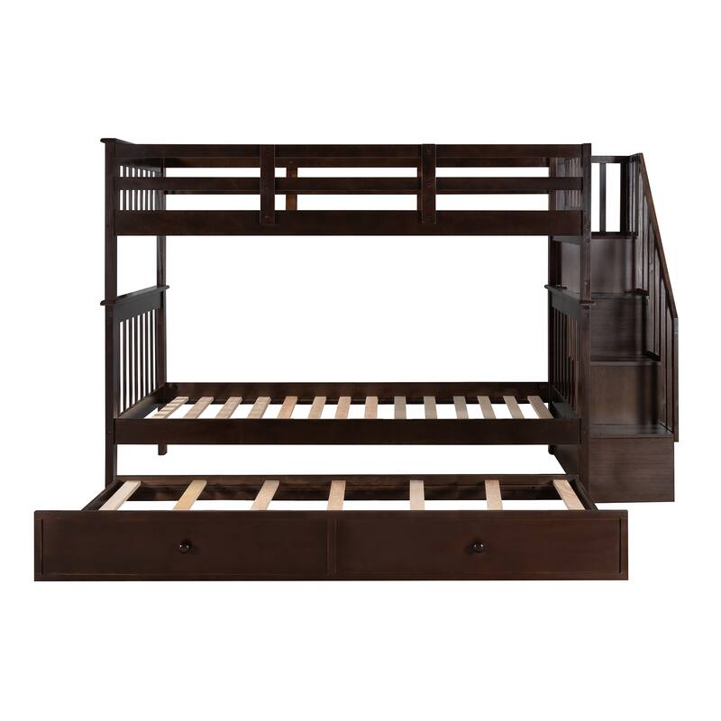 Twin Over Twin Bunk Bed with Trundle, Detachable Wood Triple Bedframe