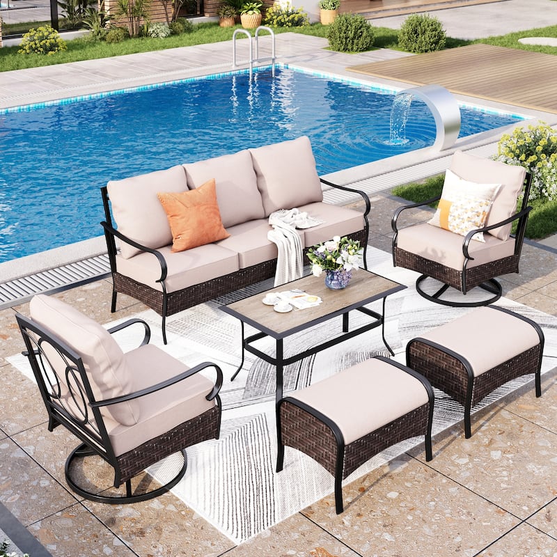 MAISON ARTS Extra Large 6 PCS Outdoor Patio Furniture Set - 3-Seat & 2-Seat Sofas, Swivel Chairs, Ottomans, Coffee Table