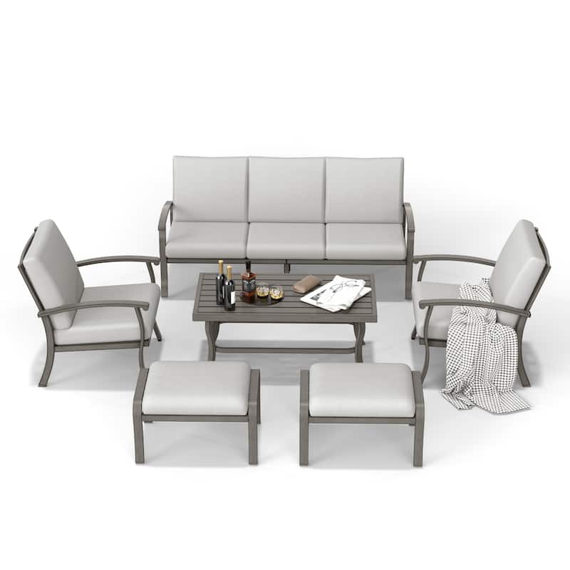 6-Piece Aluminum Patio Conversation Set with Coffee Table,Sofa, Ottoman and Light Gray Cushions