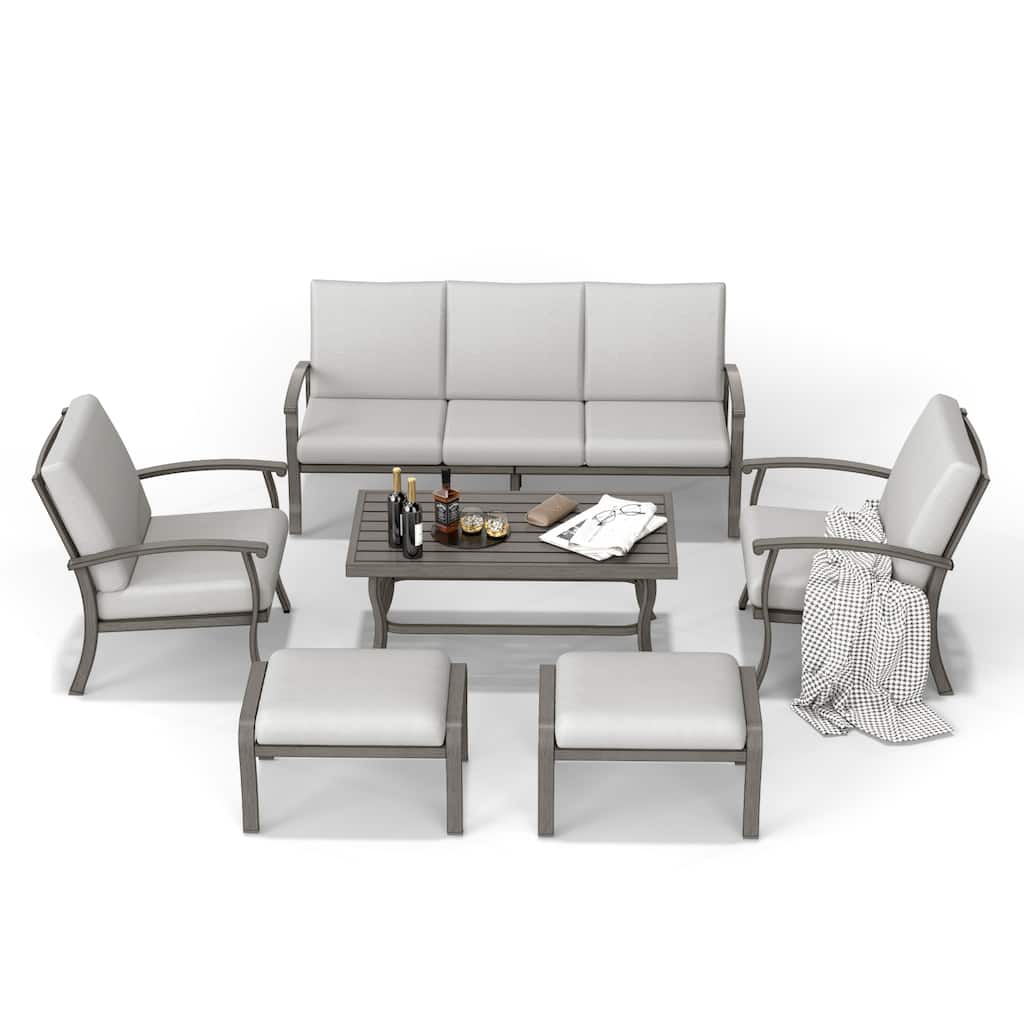 6-Piece Aluminum Patio Conversation Set with Coffee Table,Sofa, Ottoman and Light Gray Cushions
