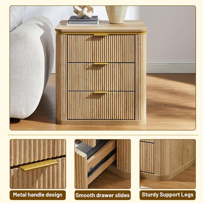24" Mid Century Modern Fluted 3 Drawers Nightstand, Large End Table