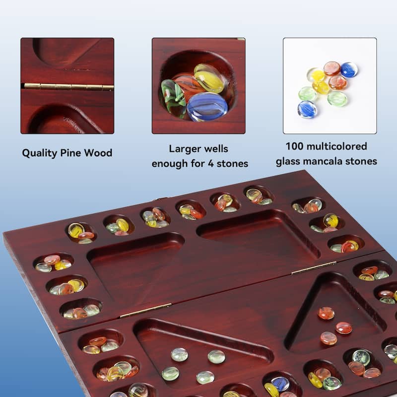 GSE™ 4-Player Mancala Board Game with Multi-Color Glass Stones, Folding Wooden 4-Way African Mancala Game Set