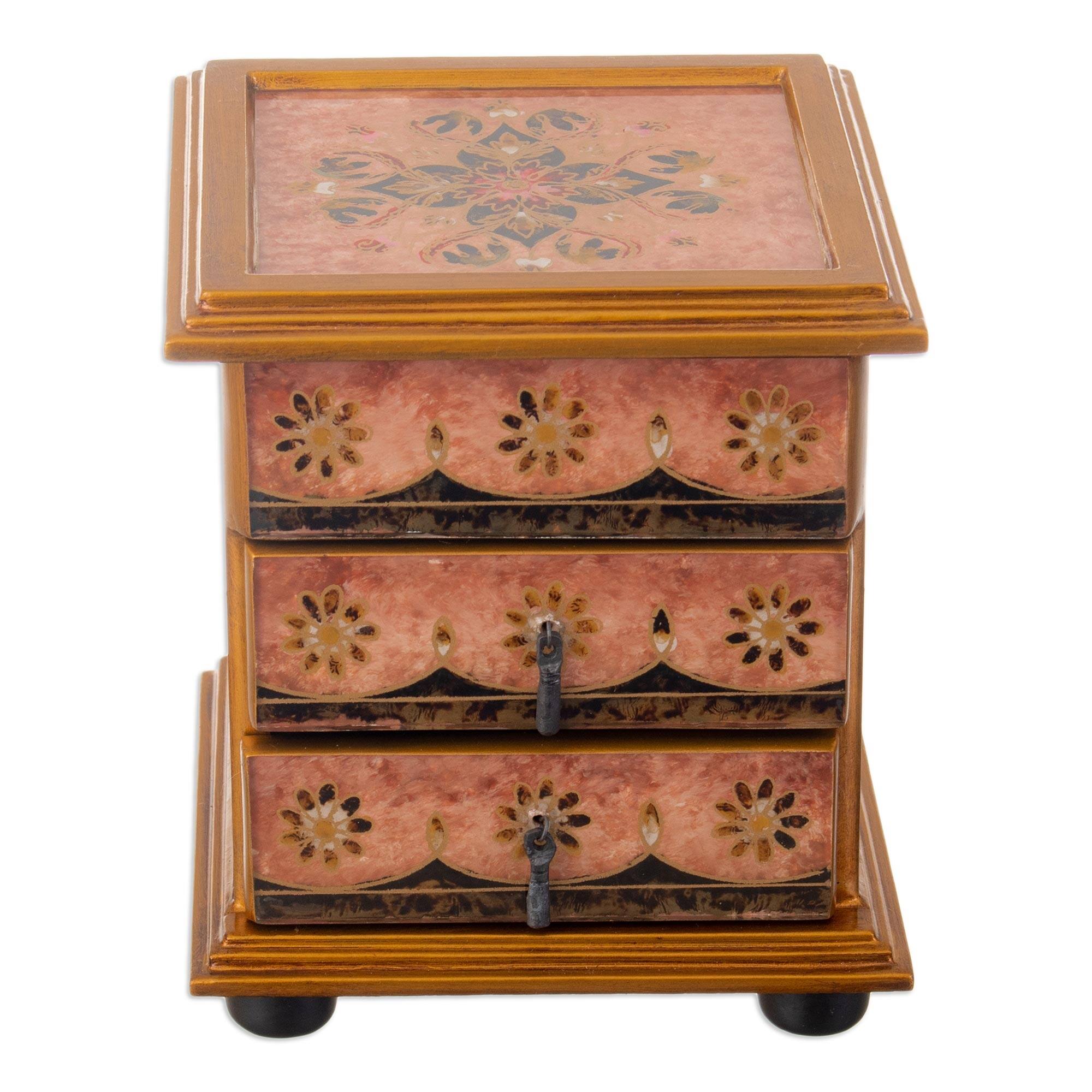 Novica Handmade Small Flower Reverse Painted Glass Jewelry Box Bed