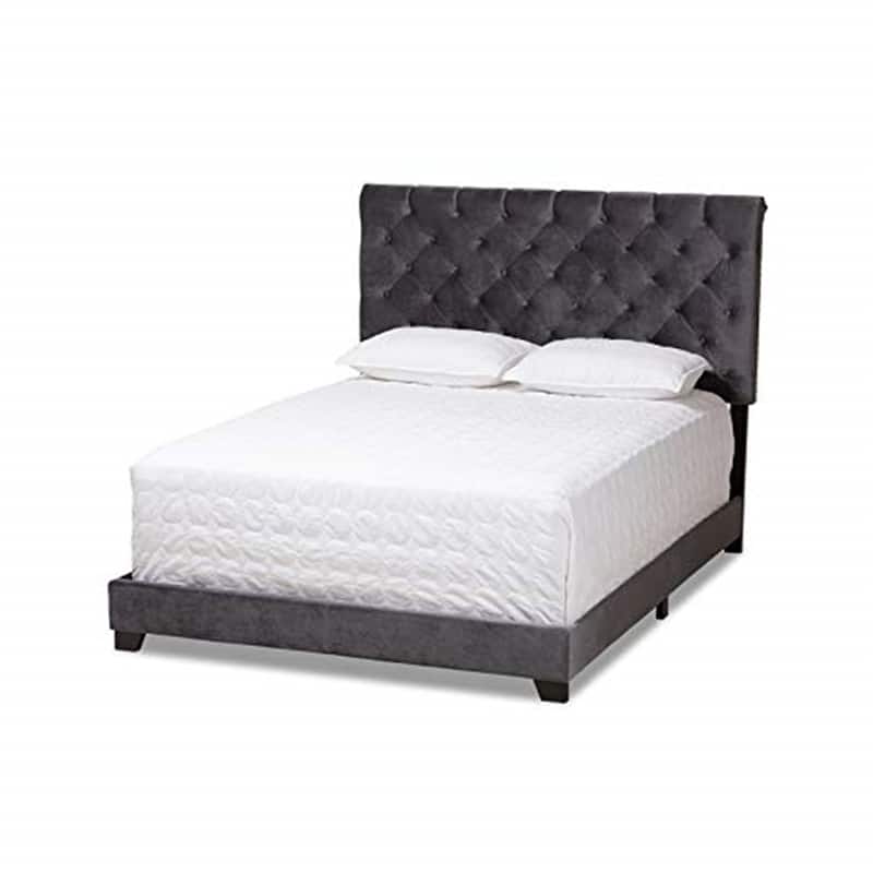 Velvet Queen Size Bed - Dark Grey Upholstered Bed Frame with Headboard & Slats